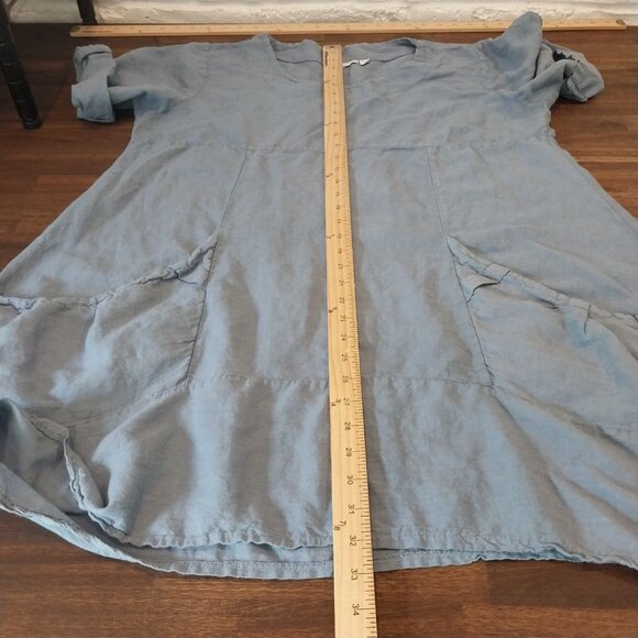 Vasna Italian 100% Linen Lagenlook Dress Large Pullover Pockets Blue Beach - Picture 7 of 9